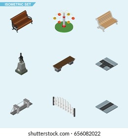 Isometric Urban Set Of Crossroad, Barricade, Bench And Other Vector Objects. Also Includes Statue, Crossroad, Suspension Elements.