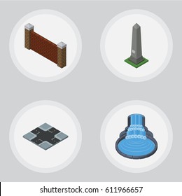 Isometric Urban Set Of Dc Memorial, Intersection, Garden Decor And Other Vector Objects. Also Includes Road, Park, Wall Elements.