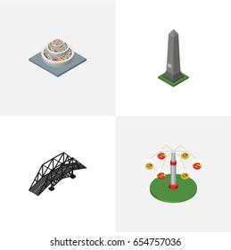 Isometric Urban Set Of Dc Memorial, Expressway, Swing Attraction And Other Vector Objects. Also Includes Bridge, Carousel, Monument Elements.