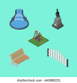Isometric Urban Set Of Garden Decor, Seesaw, Sculpture And Other Vector Objects. Also Includes Fountain, Seat, Monument Elements.