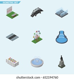 Isometric Urban Set Of Garden Decor, Park Decoration, Path And Other Vector Objects. Also Includes Path, Road, Waterfall Elements.