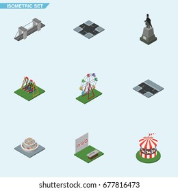 Isometric Urban Set Of Highway, Crossroad, Intersection And Other Vector Objects. Also Includes Horses, Highway, Swing Elements.