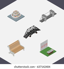 Isometric Urban Set Of Highway, Plants, Aiming Game And Other Vector Objects. Also Includes Bench, Game, Highway Elements.