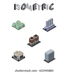 Isometric Urban Set Of House, Clinic, Company And Other Vector Objects. Also Includes Warehouse, Tank, Hospital Elements.