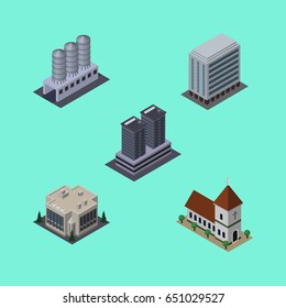 Isometric Urban Set Of Office, Water Storage, Chapel And Other Vector Objects. Also Includes Catholic, Church, Tower Elements.