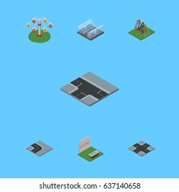 Isometric Urban Set Of Swing Attraction, Aiming Game, Crossroad And Other Vector Objects. Also Includes Rotation, Aiming, Crossroad Elements.
