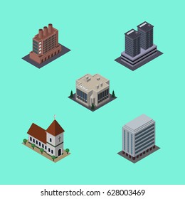 Isometric Urban Set Of Tower, Chapel, Office And Other Vector Objects. Also Includes House, Catholic, Building Elements.