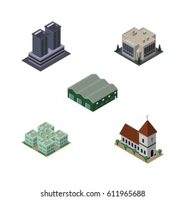 Isometric Urban Set Of Tower, Clinic, Chapel And Other Vector Objects. Also Includes Tower, Office, Church Elements.