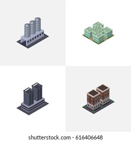Isometric Urban Set Of Tower, House, Water Storage And Other Vector Objects. Also Includes Warehouse, Hospital, Tank Elements.