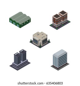 Isometric Urban Set Of Warehouse, Tower, House And Other Vector Objects. Also Includes Office, House, Warehouse Elements.