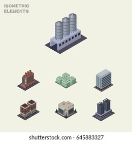 Isometric Urban Set Of Water Storage, Clinic, Company And Other Vector Objects. Also Includes Tower, Storage, Factory Elements.