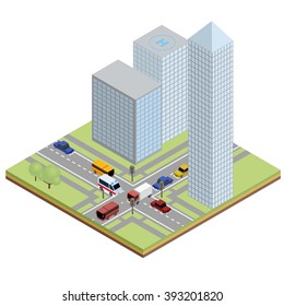Isometric urban street with ambulance, bus, truck and cars next to buildings on road.