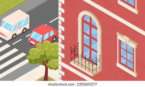 Isometric urban street. Red building and house. Truck and car at road. Cityscape panorama and landscape. Balcony and window. City modern architecture. Cartoon vector illustration