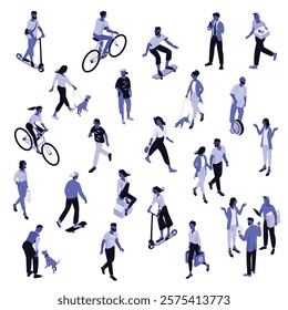 Isometric urban street style vector people collection. Crowd. Various people characters, men and women walking outdoor, riding bicycle, walking with friends, pets. Flat vector illustration.