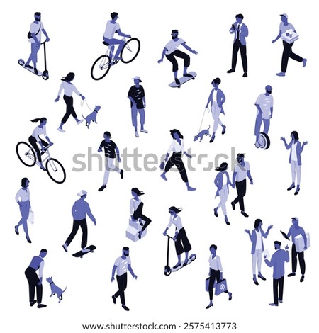 Isometric urban street style vector people collection. Crowd. Various people characters, men and women walking outdoor, riding bicycle, walking with friends, pets. Flat vector illustration.