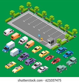 Isometric urban transport concept with lot of cars stopped near closed parking zone vector illustration