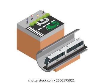 Isometric Urban Transportation System with Underground Metro and City Road 3d flat vector illustrations