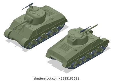 Isometric USA Medium Tank M4 Sherman. Armoured fighting vehicle designed for front-line combat, with heavy firepower