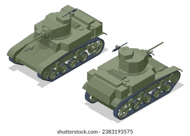 Isometric USA Tank Light tank M3 Stuart. Armoured fighting vehicle designed for front-line combat, with heavy firepower