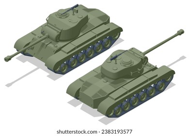 Isometric USA Tank, Medium Tank M26 Pershing. Armoured fighting vehicle designed for front-line combat, with heavy firepower