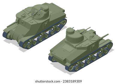 Isometric USA Tank Medium Tank M3 Lee. Armoured fighting vehicle designed for front-line combat, with heavy firepower