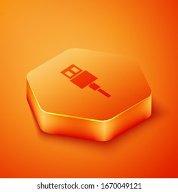 Isometric USB cable cord icon isolated on orange background. Connectors and sockets for PC and mobile devices. Orange hexagon button. Vector Illustration