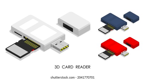 Isometric USB CARD READER. Adapter for connecting external digital media. Realistic 3d vector isolated on white background