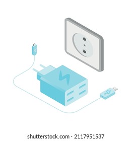 Isometric usb charger and power socket on white background 3d isolated vector illustration