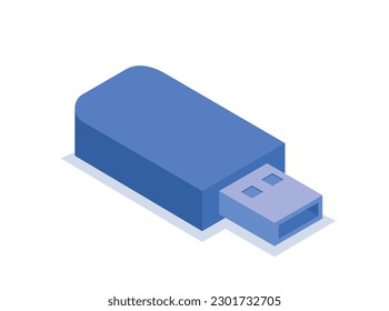 Concepto isométrico usb. Flash drive con información para la escuela y la oficina. Tecnologías, gadgets y dispositivos modernos. Afiche o pancarta. Ilustración vectorial 3D de dibujos animados aislada en fondo blanco