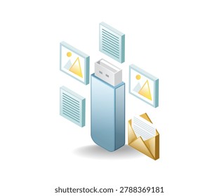 Isometric USB drive surrounded by digital media icons. Images, documents, and mail symbolize data transfer and storage. Clean design emphasizes modern technology and digital convenience