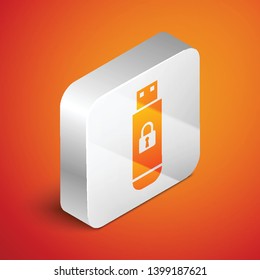 Isometric USB flash drive with closed padlock icon isolated on orange background. Security, safety, protection concept. Silver square button. Vector Illustration