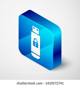 Isometric USB flash drive with closed padlock icon isolated on white background. Security, safety, protection concept. Blue square button. Vector Illustration