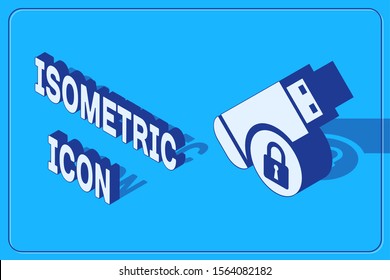 Isometric USB flash drive with closed padlock icon isolated on blue background. Security, safety, protection concept.  Vector Illustration