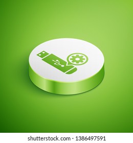 Isometric USB flash drive and gear icon isolated on green background. Adjusting app, service concept, setting options, maintenance, repair, fixing. White circle button. Vector Illustration