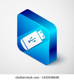 Isometric USB flash drive icon isolated on white background. Blue square button. Vector Illustration