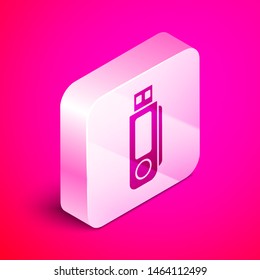 Isometric USB flash drive icon isolated on pink background. Silver square button. Vector Illustration