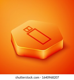 Isometric USB flash drive icon isolated on orange background. Orange hexagon button. Vector Illustration