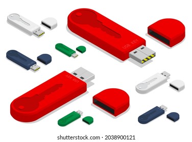 Isometric USB flash drive with key to important digital data. Reliable protection of information from hacking. Electronic digital signature. Realistic 3d vector isolated on white background