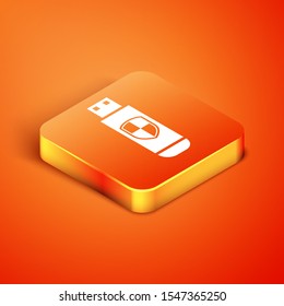 Isometric USB flash drive and protection shield icon isolated on orange background.  Vector Illustration