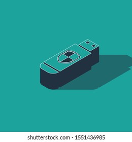 Isometric USB flash drive and protection shield icon isolated on green background.  Vector Illustration
