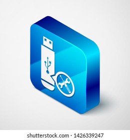 Isometric USB flash drive with screwdriver and wrench icon isolated on white background. Adjusting, service, setting, maintenance, repair, fixing. Blue square button. Vector Illustration