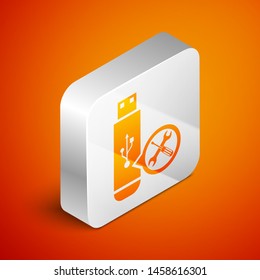 Isometric USB flash drive with screwdriver and wrench icon isolated on orange background. Adjusting, service, setting, maintenance, repair, fixing. Silver square button. Vector Illustration