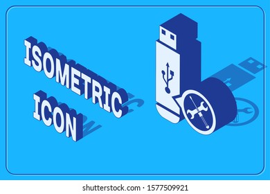 Isometric USB flash drive with screwdriver and wrench icon isolated on blue background. Adjusting, service, setting, maintenance, repair, fixing.  Vector Illustration
