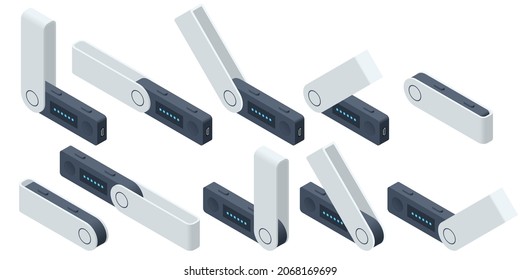 Isometric USB flash drives are hardware wallets. Personal Bitcoin wallet for cryptocurrency, keeps your coins offline and protected. USB drive as cold storage.