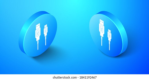 Isometric USB Micro cables icons isolated on blue background. Connectors and sockets for PC and mobile devices. Smartphone recharge supply. Blue circle button. Vector.