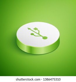 Isometric USB symbol icon isolated on green background. White circle button. Vector Illustration
