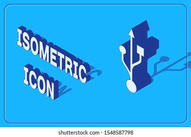Isometric USB symbol icon isolated on blue background.  Vector Illustration
