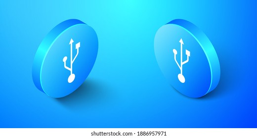 Isometric USB symbol icon isolated on blue background. Usb flash drive symbol. Blue circle button. Vector.