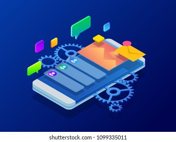 Isometric User experience, optimizing user experience in e-commerce. Drawing website ux app development. Developing programming and coding technologies concept.