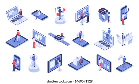 Isometric User Interface. Online Office, Device Interactions And Touch Mobile Interfaces. Message Sharing Social App Test Drawing, Ui Seo Process Testing. Isolated 3d Icons Vector Set